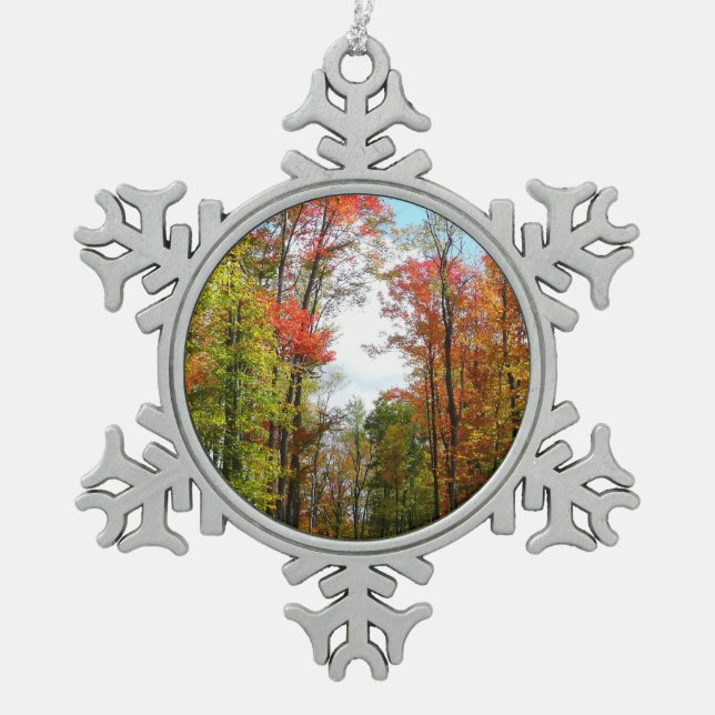 Fall Trees and Blue Sky Autumn Nature Photography Snowflake Pewter Christmas Ornament (Front)