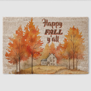 Fall trees and house Happy Fall Y'all Fiber Doormat