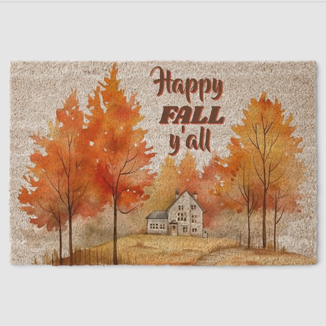 Fall trees and house Happy Fall Y'all Fiber Doormat (Front)
