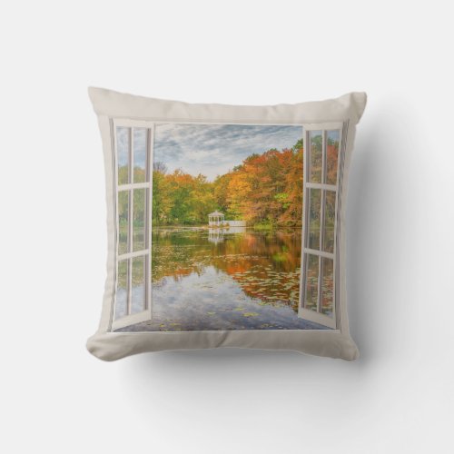 Fall trees and lake through open window  throw pillow