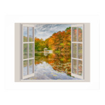Fall trees and Pond viewed through an open window