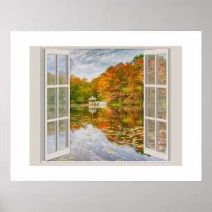 Fall trees and Pond viewed through an open window Poster