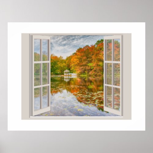  Fall trees and Pond viewed through an open window Poster