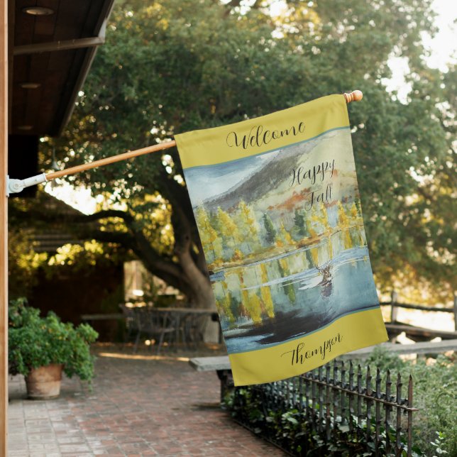 Fall trees and swimming elk with customizable text house flag (In SItu)