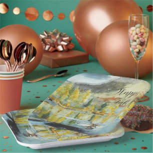 Fall trees and swimming elk with customizable text paper plates