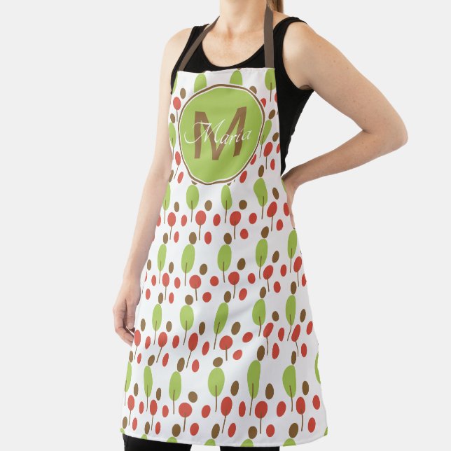 Fall  Trees Dots Orange Green Monogram Apron (Insitu)