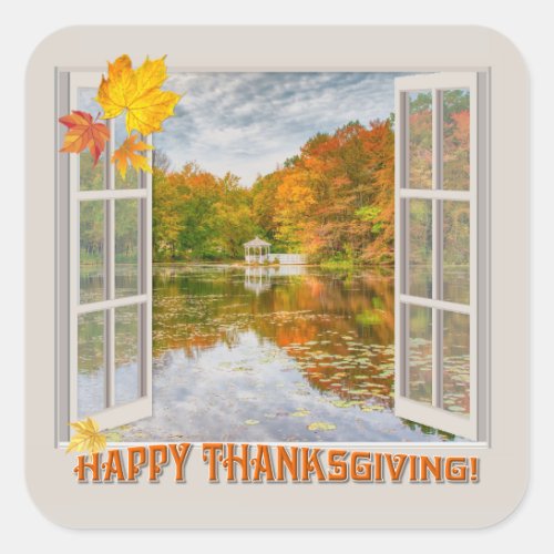 Fall trees lake open window Thanksgiving Day Square Sticker