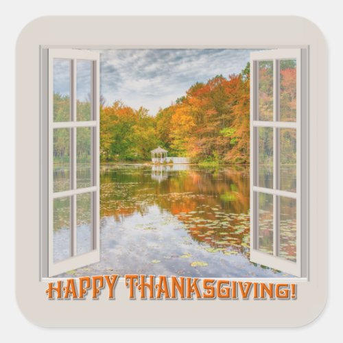 Fall trees lake open window Thanksgiving Day Square Sticker