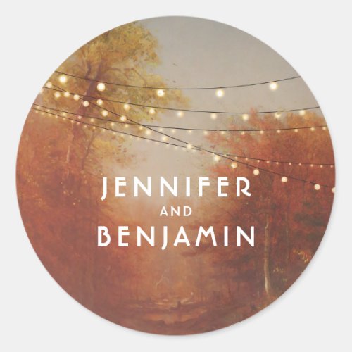 Fall Trees Park and String Lights Rustic Classic Round Sticker - Fall and trees rustic countryside wedding seals