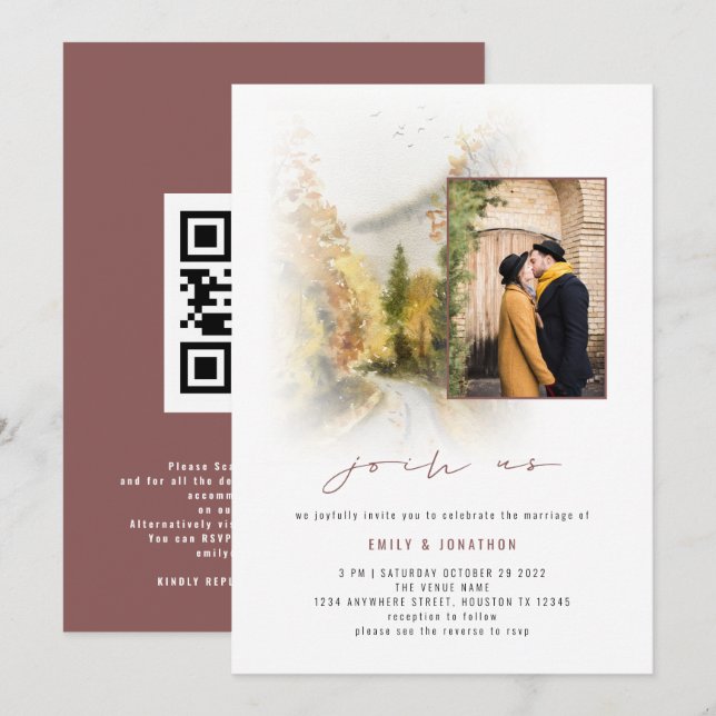 Fall Trees Photo QR Join Us Mauve Wedding Invitation (Front/Back)