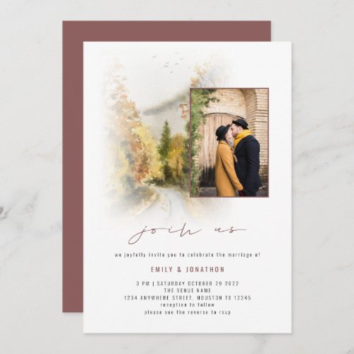 Fall Trees Photo QR Join Us Mauve Wedding Invitation