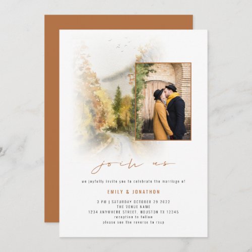 Fall Trees Photo QR Join Us Terracotta Wedding Invitation
