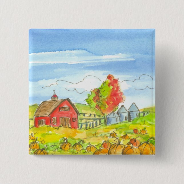 Fall Trees Pumpkin Patch Red Barn Pinback Button (Front)