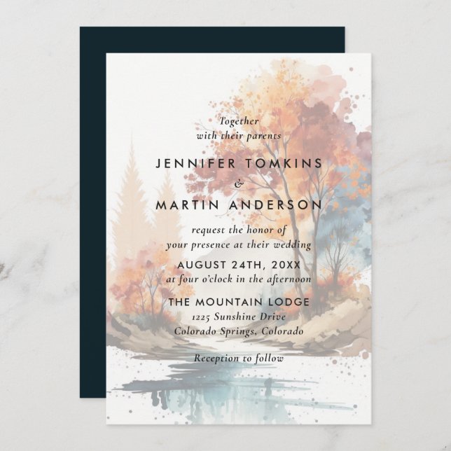 Fall Trees Watercolor Wedding Invitation (Front/Back)