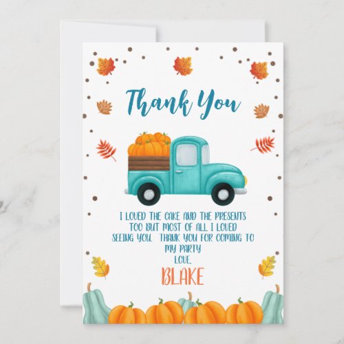 Fall Truck Pumpkin Boys Birthday Thank You Card