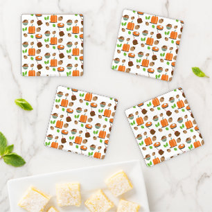 Fall Turkey Pumpkin Pie Apple Pattern Coaster Set