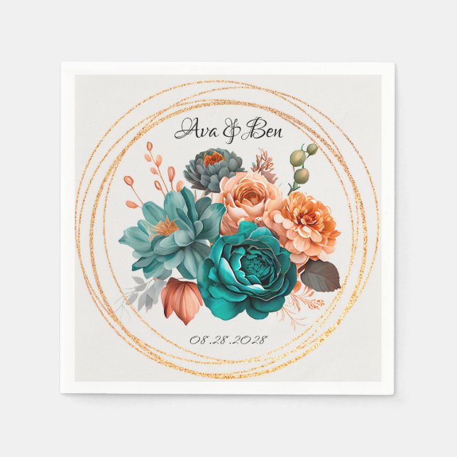 Fall Turquoise and Terracotta Peony Gold Wedding Napkins (Front)