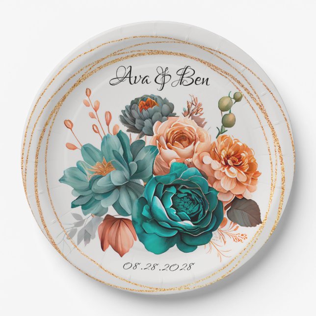 Fall Turquoise and Terracotta Peony Gold Wedding Paper Plates (Front)