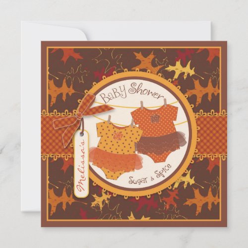 Fall Tutus &amp; Autumn Leaves Twin Girls Baby Shower Personalized Invitation