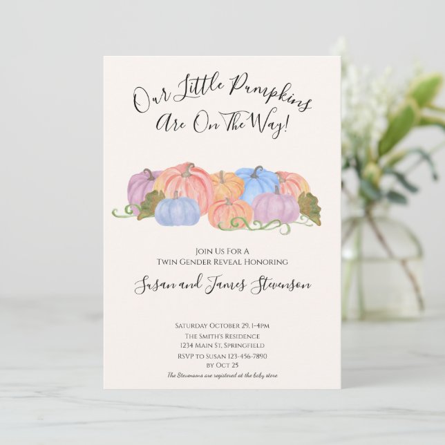 Fall Twin Gender Reveal Little Pumpkin Theme Invitation (Standing Front)