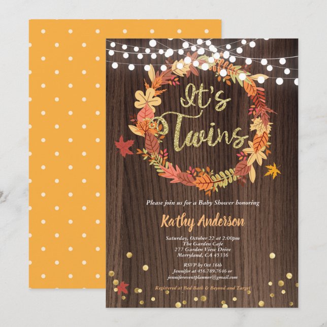 Fall twins baby shower rustic wood wreath invitation (Front/Back)
