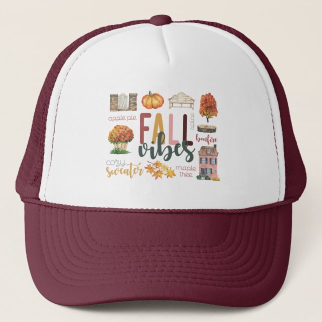 Fall Vibes Autumn Favorites Rustic Watercolor Trucker Hat (Front)