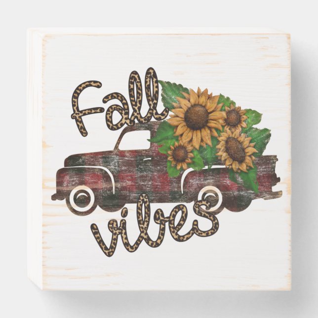 Fall Vibes Buffalo Plaid Truck and Sunflowers Wooden Box Sign (Front Horizontal)