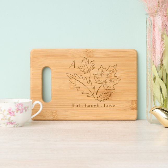 Fall Vibes Leaves Custom Monogram Gift Serving  Engraved Cutting Board (Upright)