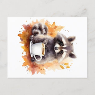 Fall vibes Raccoon with cup of coffee Postcard