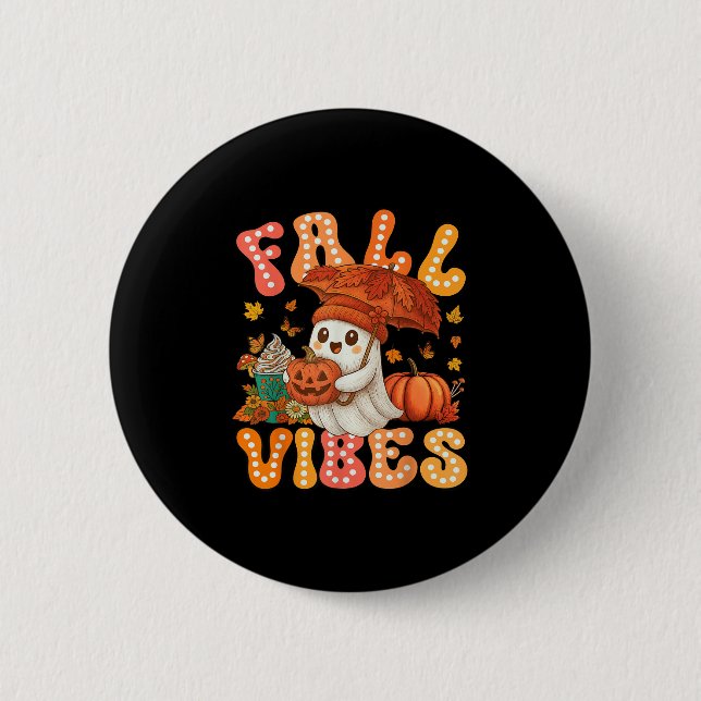 Fall Vibes Retro Pumpkin Cute Ghost Autumn Fall Lo Button (Front)