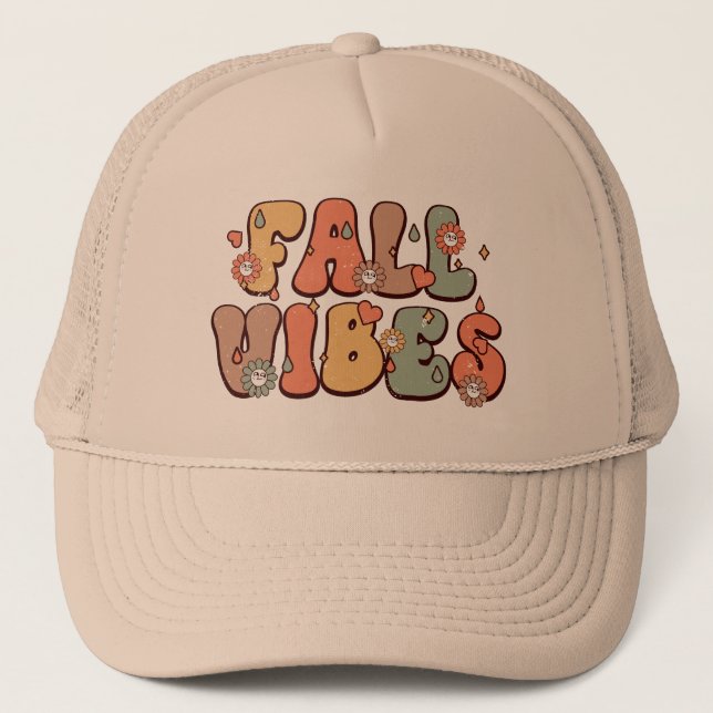 Fall Vibes Retro Typography Mood Flowers Trucker Hat (Front)