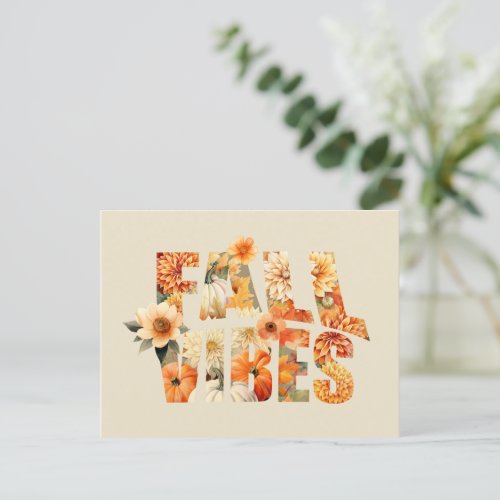 Fall vibes watercolor wildflowers autumn leaves holiday postcard