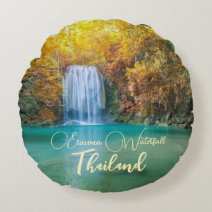 Fall View of Erawan Waterfall Thailand Round Pillow