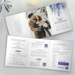 Fall vines blue gray watercolor wedding all-in-one Tri-Fold invitation