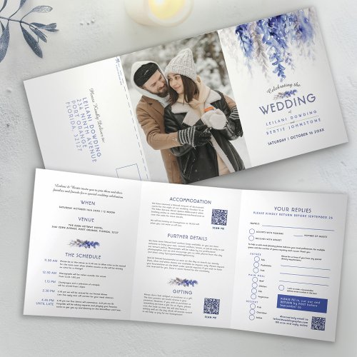 Fall vines blue gray watercolor wedding all_in_one Tri_Fold invitation