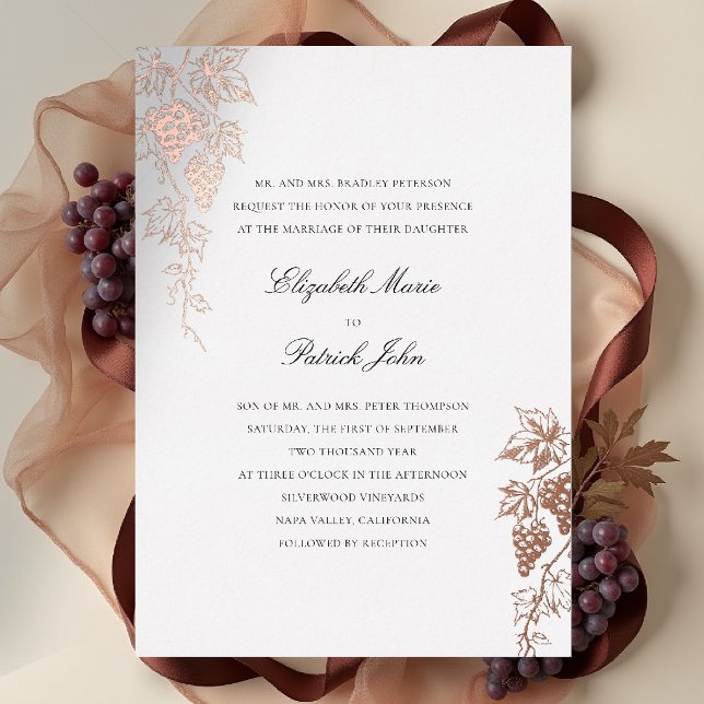 Fall Vineyard Winery Modern Classic Pearl Wedding Foil Invitation (fall vineyard wedding invitation winery grapevine formal modern classic black tie foil white)