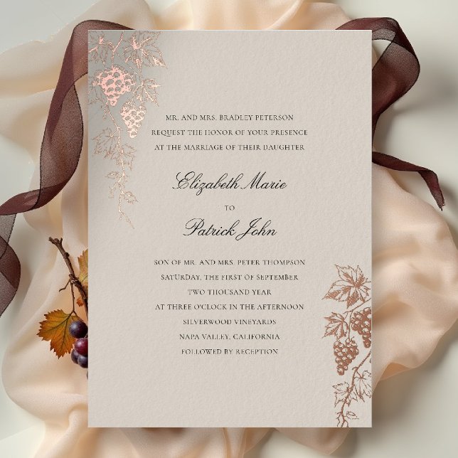 Fall Vineyard Winery Modern Classic Wheat Wedding Foil Invitation (fall vineyard wedding invitation winery grapevine formal modern classic black tie foil wheat beige)