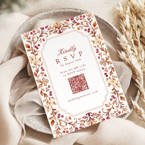 Fall Vintage Botanical Floral QR Code Wedding RSVP Card
