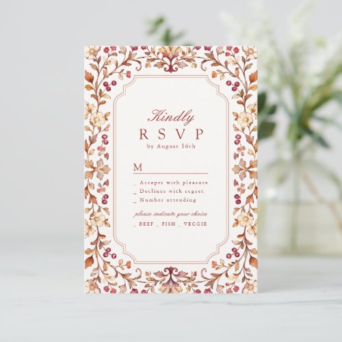 Fall Vintage Botanical Floral QR code Wedding RSVP Card