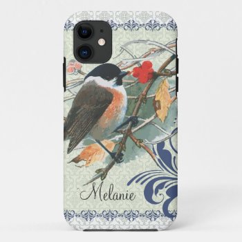Fall Vintage Cute Bird Sitting On Branch Iphone 11 Case by jardinsecret at Zazzle