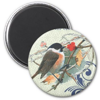 Fall Vintage Cute Bird Sitting On Branch Magnet by jardinsecret at Zazzle