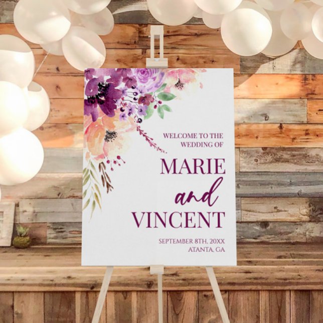 Fall Violet Floral Flower Wedding Welcome Sign (Creator Uploaded)