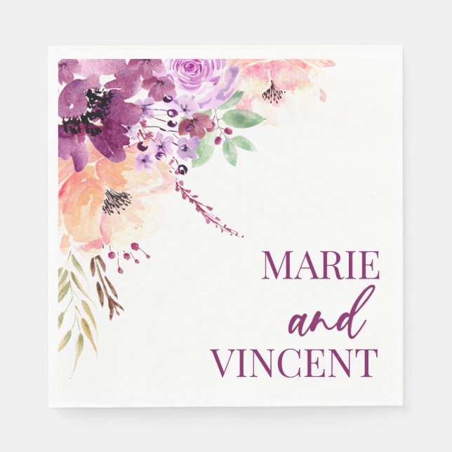 Fall Violet Magenta Purple Floral Flower Wedding Napkins (Front)