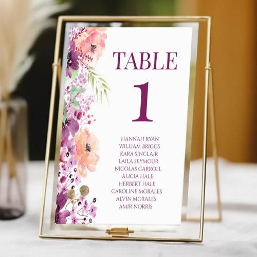 Fall Violet Magenta Purple Floral Flower Wedding Table Number