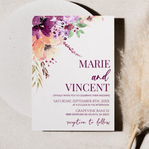 Fall Violet Watercolor Floral Flower Wedding Invitation