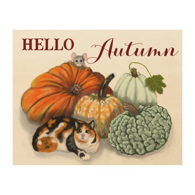 Fall Wall Art, Whimsical Cat and Mouse Wood Wall Art (Front)