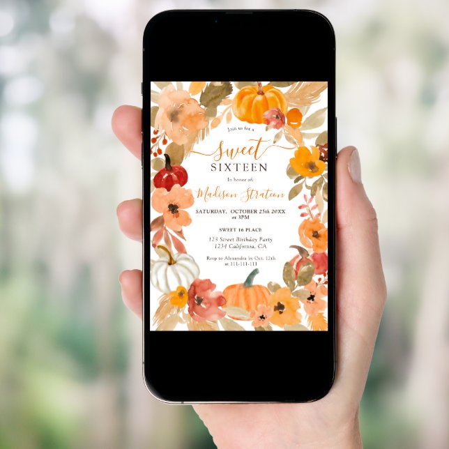 Fall Warm Boho pumpkin floral Sweet 16 birthday Invitation (Front Digital)