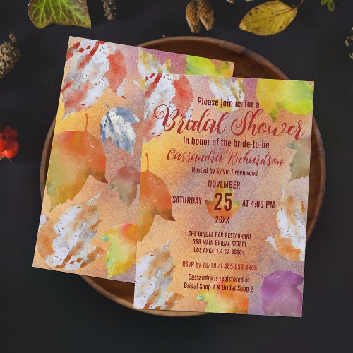 Fall Warm Vibrant Watercolor Leaves Bridal Shower Invitation