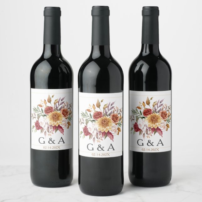 Fall Watercolor Botanical Monogram Date Wine Label (Bottles)