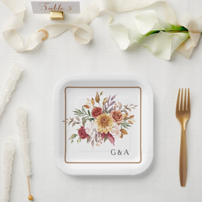 Fall Watercolor Botanical  Paper Plates (Wedding)
